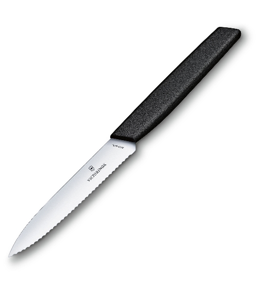 Нож кухонный Victorinox Swiss Modern (6.9003.10W) стальной разделочный лезв.100мм серрейт. заточка черный