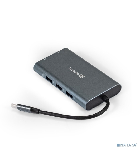 USB-концентратор ExeGate EX293985RUS DUB-31C/MAX (кабель-адаптер USB Type-C --> 3xUSB3.0 + Card Reader + PD 100W + HDMI 4K@30Hz + VGA + Audio + Lan RJ45 10/100/1000Mb, Plug&Play, серый)