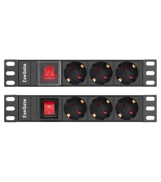 Блок розеток 10' с выключателем с подсветкой ExeGate ServerPro PDU-10H305 Al-3S-C14-SW (10', 1U, Алюминий, 3 Schuko, C14, выкл. с подсветкой, (ШхВхГ): 254х45х45 мм, черный, RTL)