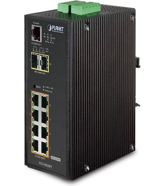 Коммутатор индустриальный PoE IGS-10020PT для монтажа в DIN-рейку IP30 L2+ SNMP Manageable 8-Port Gigabit POE(Af) Switch + 2-Port Gigabit SFP Industrial Switch (-40 to 75 C), ERPS Ring Supported, 1588