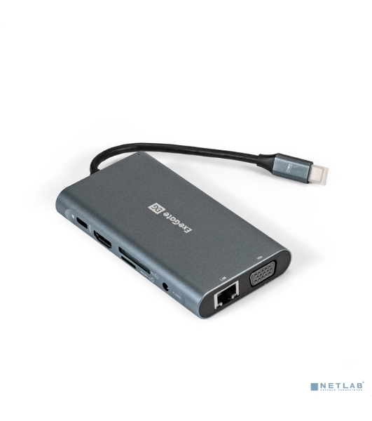 USB-концентратор ExeGate EX293985RUS DUB-31C/MAX (кабель-адаптер USB Type-C --> 3xUSB3.0 + Card Reader + PD 100W + HDMI 4K@30Hz + VGA + Audio + Lan RJ45 10/100/1000Mb, Plug&Play, серый)