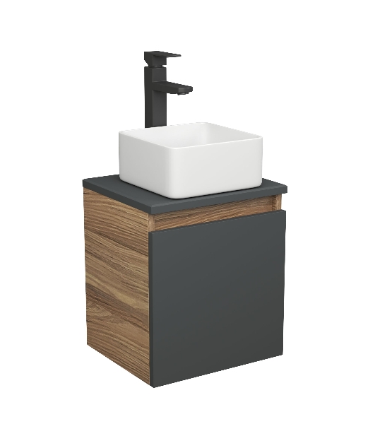 Тумба Bau Dream Blackwood 35 с ящиком, графит, раковина BAU Mini 24х24, смеситель для раковины высокий Hotel Black, черный