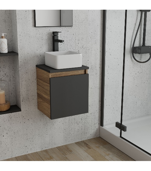 Тумба Bau Dream Blackwood 35 с ящиком, графит, раковина BAU Mini 24х24, смеситель для раковины высокий Hotel Black, черный