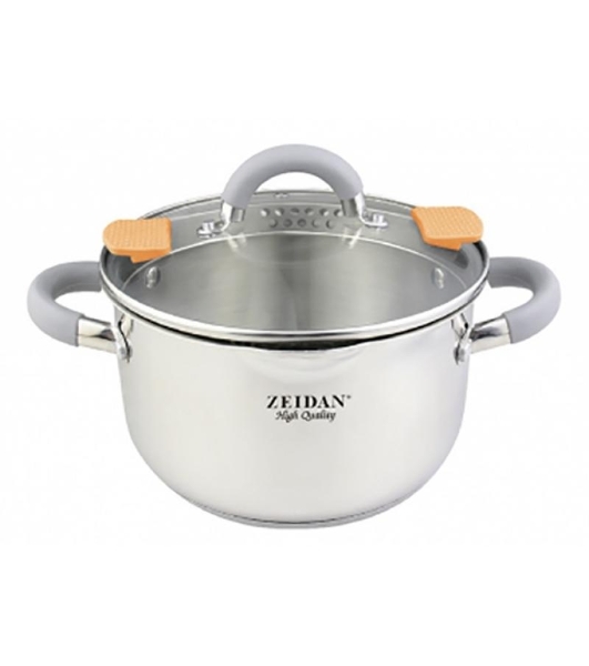 Кастрюля Zeidan Z-50291 5,0 л со сливом - 5.0 л (O22 см), нерж. сталь, внутренняя – матовая полировка, снаружи - комбинированная полировка, шкала литража, стеклянная крышка со сливом, 3-х СЛОЙНОЕ КАПСУЛИРОВАННОЕ ДНО. Подарочная упаковка с пластиковой ручкой.