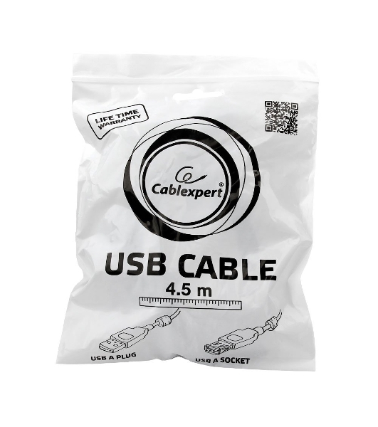 Кабель Gembird/Cablexpert USB 2.0, AM/AF, 4.5м, экран, 2феррит.кольца, черный, пакет