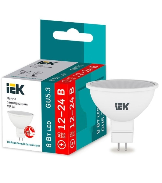 Лампа светодиодная IEK LLE-MR16-08-12-24-40-GU5 MR16 софит 8Вт 12-24В 4000К GU5.3 (низковольтная)