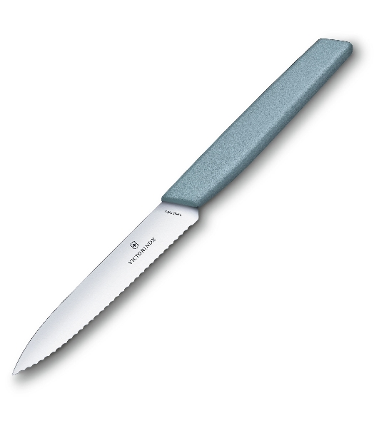 Нож кухонный Victorinox Swiss Modern (6.9006.10W21) стальной разделочный лезв.100мм серрейт. заточка серый