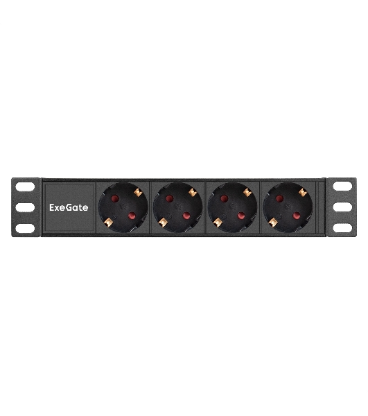 Блок розеток 10' с разъемом C14 ExeGate ServerPro PDU-10H401 Al-4S-C14 (10', 1U, Алюминий, 4 Schuko, C14, (ШхВхГ): 274х45х45 мм, черный, RTL)