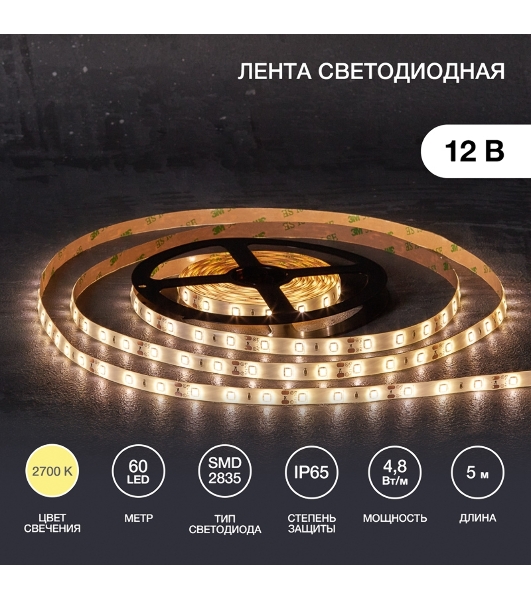 Лента светодиодная 5 м 12 В 2835 2700 К IP65 60 LED/м для БП с клеммами LAMPER