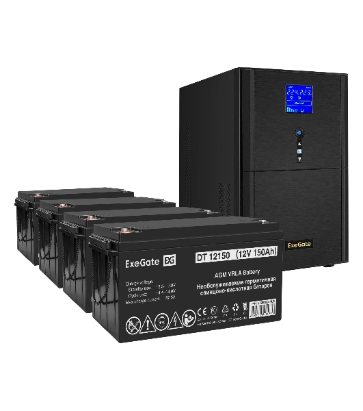 Комплект Источник бесперебойного питания EX295990RUS + батарея 150Aч EX282990RUS 4шт ExeGate SineTower SZ-3000.LCD.AVR.3SH.1C13.RJ.USB + батарея ExeGate DT 12150 (12В,150Ач) 4шт