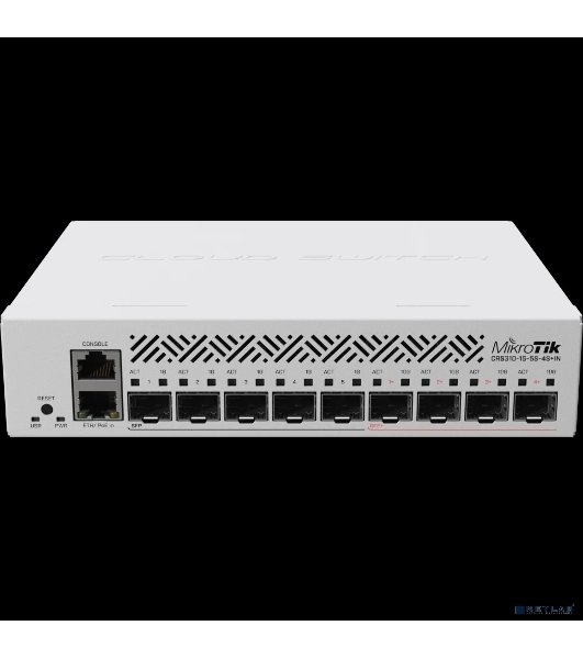 Коммутатор MikroTik Cloud Router Switch CRS310-1G-5S-4S+IN with 800 MHz CPU, 256 MB RAM, 4xSFP+, 5xSFP cages, 1xGbit LAN port, RouterOS L5, desktop case, rackmount ears, PSU