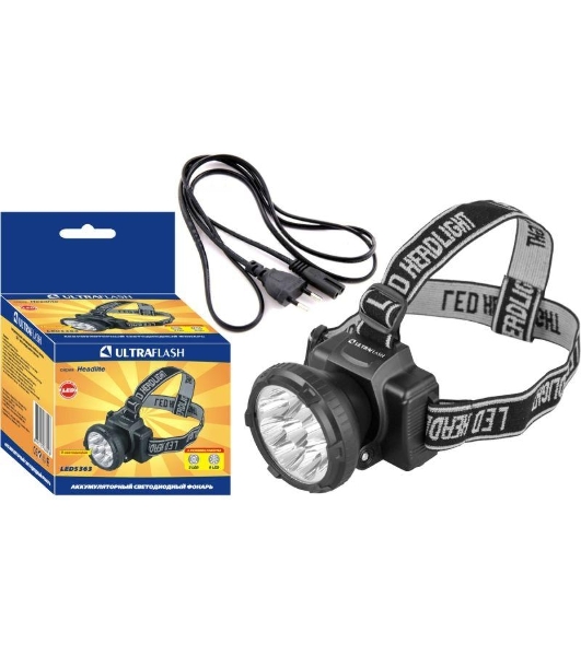 Фонарь налобный аккумуляторный LED 5363 (220В 9LED 2 режима; черный) Ultraflash 11257