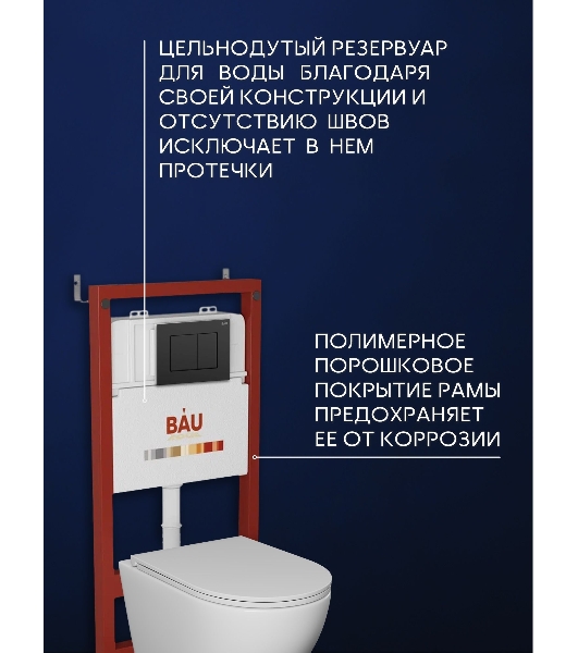 Комплект BAU 6 в 1: инсталляция BAU PRO для подвесного унитаза, унитаз подвесной безободковый торнадо обратного потока Bau Dream 52х36 Hurricane-5, сиденье быстросъемное микролифт, кнопка смыва BAU Stil , черная матовая