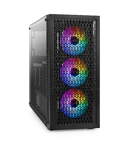 Компьютерный корпус Miditower ExeGate EVO-5001A (ATX, без БП, 2хUSB+1хUSB 3.0+HD Audio, черный, 3 вент.12см с RGb подсветкой, боковая панель - закаленное стекло)