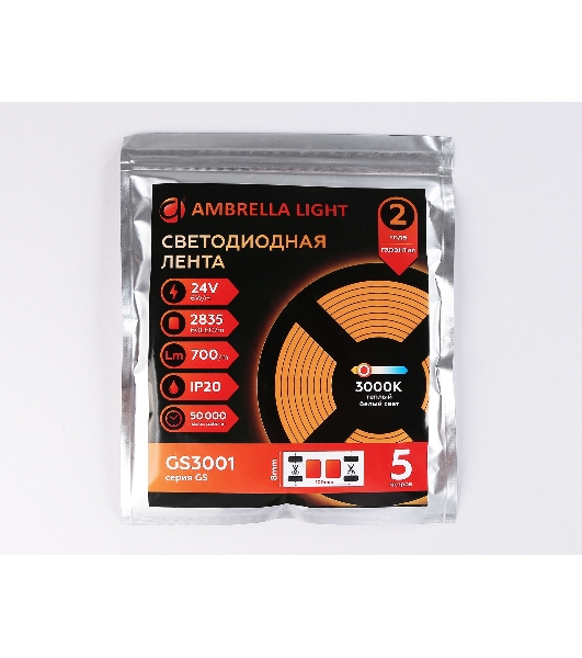 Светодиодная лента Ambrella light GS3001 2835 60Led/ 6W m/ 24V IP20 3000K/ 5000*8*1.2mm (2 конт.)