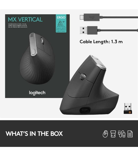 Мышь беспроводная/проводная Logitech MX Vertical графитовый, 4000 dpi, радиоканал, Bluetooth, USB, кнопки - 6