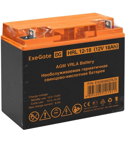 Аккумуляторная батарея ExeGate EX285662RUS HRL 12-18 (12V 18Ah, клеммы F3 (болт М5 с гайкой))