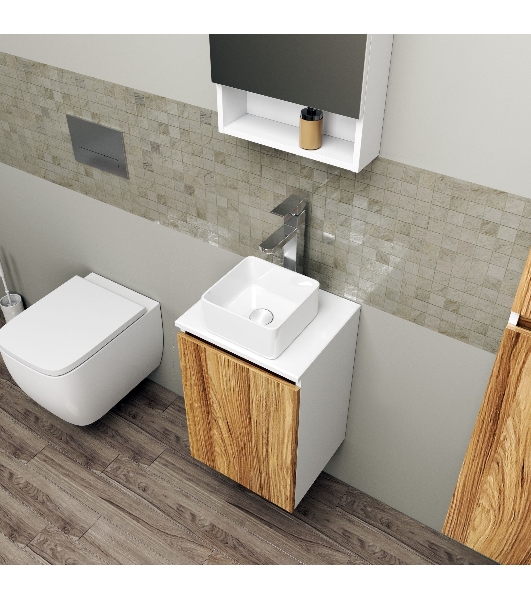 Комплект для ванной, 4 предмета (Тумба Bau Dream Blackwood 50, раковина BAU Mini 24х24, смеситель для раковины высокий Hotel Still, нержавеющая сталь, выпуск клик клак, белый)
