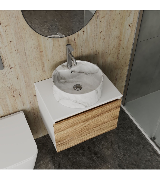 Комплект: тумба Bau Dream Blackwood 60, 1 ящик, Раковина круглая накладная BAU Element D41, мрамор, смеситель Hotel Dream, нерж сталь, выпуск клик клак хром