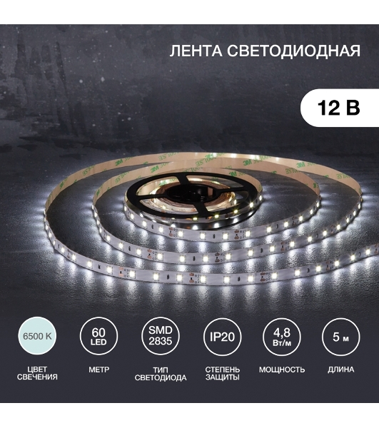 Лента светодиодная 5 м 12 В 2835 6500 К IP23 60 LED/м для БП с клеммами LAMPER