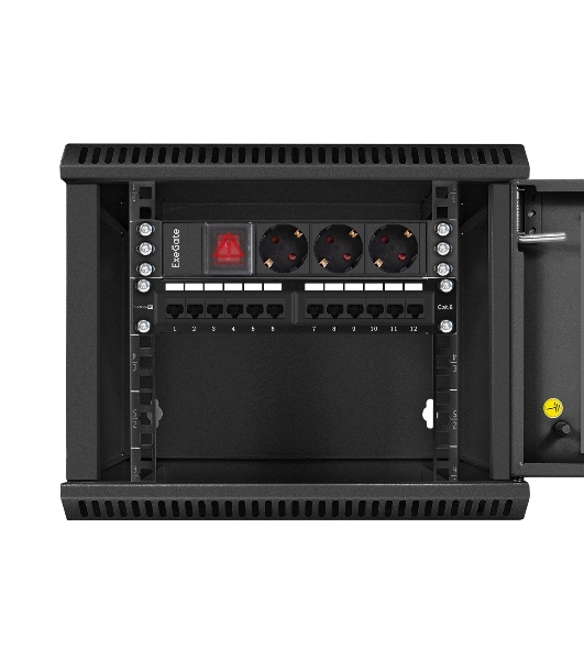 Шкаф телекоммуникационный 10' настенный 6U ExeGate EC-WM-6U.280.G.BLACK (10', 6U, 350x280x287мм (ШхГхВ), передняя дверь закаленное стекло, пыле- и влагозащита IP23, черный RAL 9004)