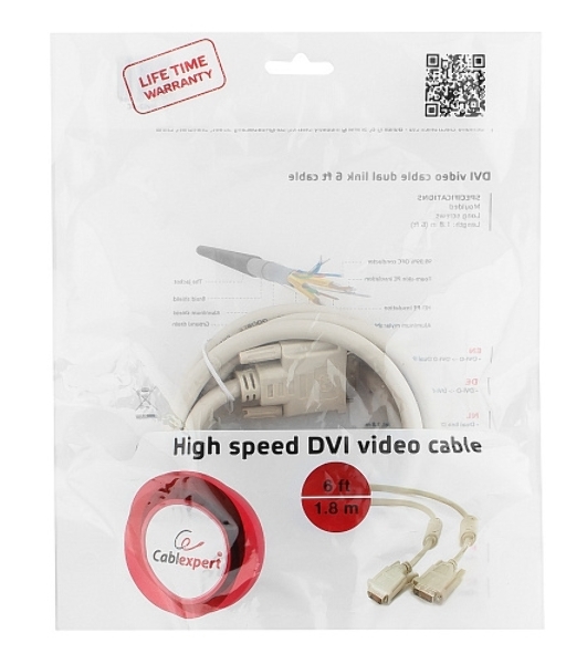 Кабель DVI-D dual link Gembird/Cablexpert CC-DVI2-6C, 25M/25M, 1.8м, экран, феррит.кольца, пакет