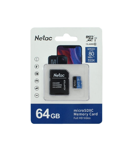 Флеш карта microSDHC 64Gb Netac P500 NT02P500STN-064G-R (с SD адаптером) 80Mb/s