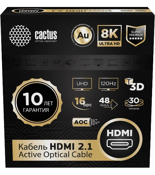Кабель аудио-видео Cactus CS-HDMI-AOC-2.1-30 HDMI (m)/HDMI (m) 30м. позолоч.конт. черный