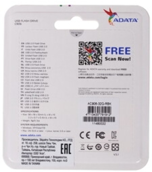 Флешка USB ADATA C906 (AC906-32G-RBK), 32Gb, USB 2.0, R/W 15/5, черный/синий