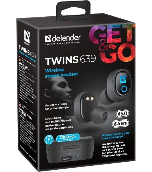 Наушники TWS Defender Twins 639 черный, внутриканальные, Bluetooth, до 4 ч
