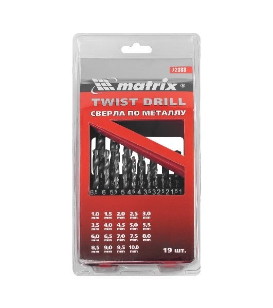 Набор сверл Matrix по металлу 1-10 мм hss 19 шт метал. коробка цил. хвостовик