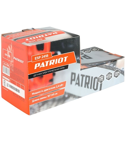 Пила цепная электрическая Patriot ESP 2418, 2400Вт, 18'/45 см, 3/8, 1,3мм 62 зв, плавный пуск, бесключевая натяжка цепи, термозащита