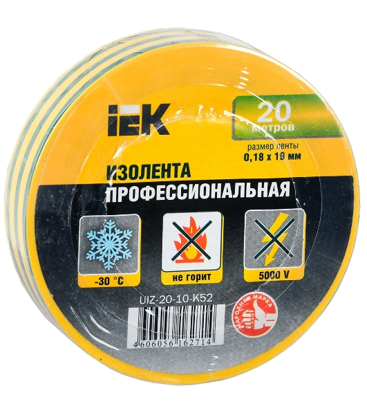 Изолента IEK UIZ-20-10-K52 0,18х19 мм желто-зеленая 20 метров IEK
