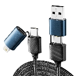 Кабель Rexant 4в1 USB-A, Type-C, Type-C, Lightning 65Вт, 1м, в черной нейлоновой оплетке, фото 1