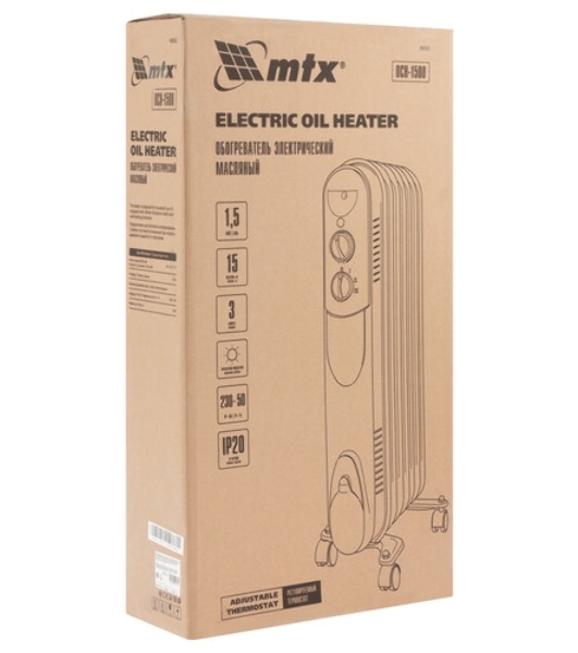 Обогреватель масляный MTX OCH-1500, белый, 1500 Вт, 15 м2, термостат
