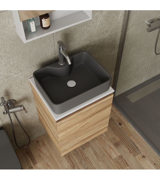 Тумба Bau Dream Blackwood 50 с дверцей, раковина BAU Cerama 48х37 темно-серая матовая, смеситель Hotel Dream, нерж. сталь, выпуск клик клак, белый