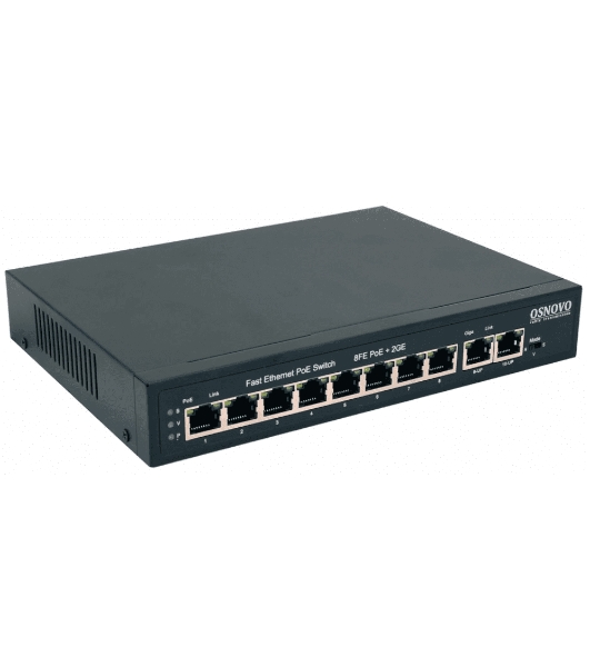 Коммутатор PoE Osnovo SW-20820(120W), 8 x FE с поддержкой PoE (IEEE 802.3af/at), 2 x GE, до 30W на порт, суммарно до 115W
