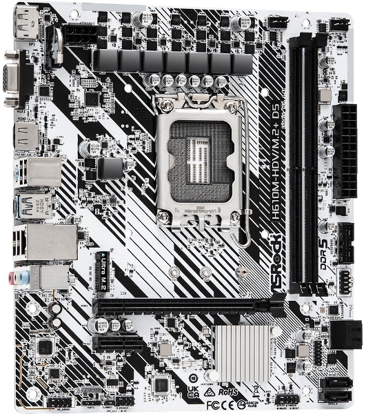Материнская плата ASRock H610M-HDV/M.2+ D5, LGA 1700, Intel H610, 2xDDR5, 4xSATA, 1xM.2, 1xPCI-E 4.0 x16, 1xPCI-E x1, 1xDP, 1xHDMI, 1xVGA, 1x 1Gb LAN, 1xUSB-C 3.2 Gen 1, 1xUSB-A 3.2 Gen 1, 4xUSB 2.0, 3x3.5 мм, 7.1, Micro-ATX
