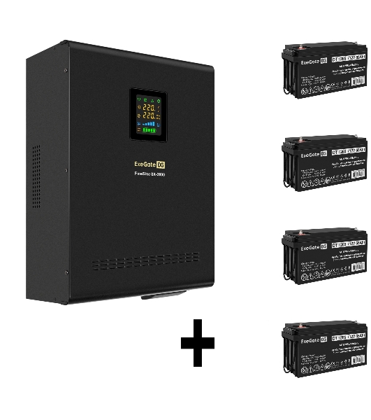 Комплект источника бесперебойного питания ExegateEX296003RUS + батарея 65Aч EX282980RUS 4шт (инвертор, синус, для котла, настенный) ExeGate FineSine SX-3000.LCD.AVR.2SH.T <3000VA/2100W, чистая синусоида, цветной LCD-дисплей, AVR, 2*Schuko+клеммы, линейно-интерактивный, крепление настенное, черный> + батарея ExeGate DT 1265 (12В, 65Ач) 4шт