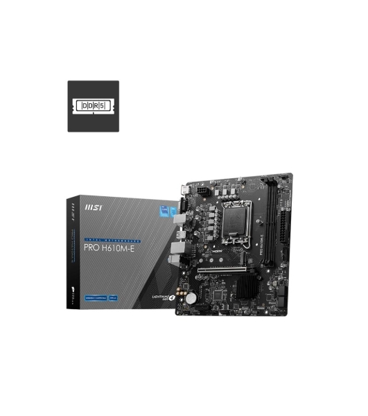 Материнская плата MSI PRO H610M-E, LGA 1700, Intel H610, 2xDDR5, 4xSATA, 1xM.2, 1xPCIe 4.0 x16, 1xPCIe 4.0 x1, 1xHDMI, 1xVGA, 1xRJ45 1Gb, 2xUSB-A 3.2 Gen 1, 4xUSB-A 2.0, 3x3.5мм, 7.1, mATX