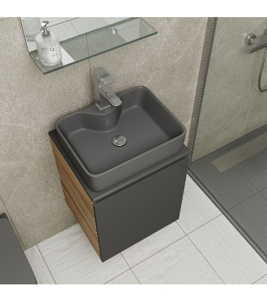 Тумба Bau Dream Blackwood 50 графит, раковина BAU Cerama 48х37 темно-серая матовая, смеситель Hotel Still, нерж. сталь, выпуск клик клак, хром