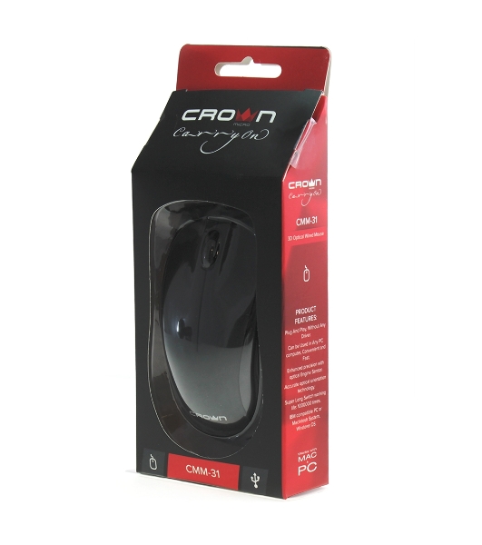 Мышь проводная Crown CMM-31 черный, 1000 dpi, USB, кнопки - 3