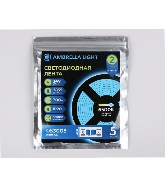 Светодиодная лента Ambrella light GS3003 2835 60Led/ 6W m/ 24V IP20 6500K/ 5000*8*1.2mm (2 конт.)