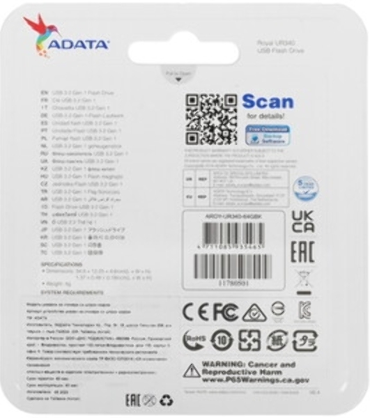 Флешка USB ADATA UR340 (AROY-UR340-64GbK), 64Gb, USB 3.2, R/W 100/30, черный