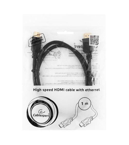 Кабель Cablexpert HDMI CC-HDMI4L-1M, 19M/19M, v2.0, серия Light, позол.разъемы, экран, 1м, черный, пакет