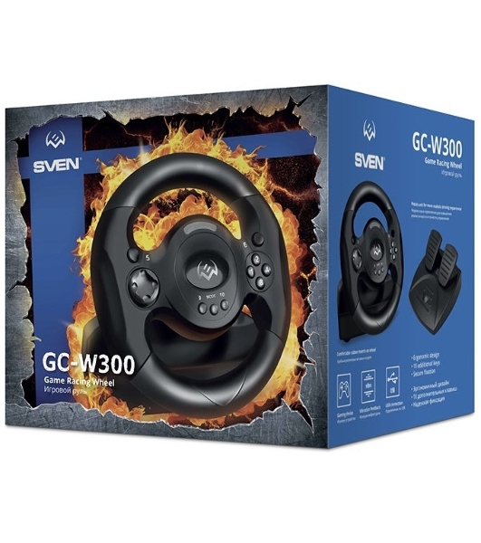 Руль SVEN GC-W300 (педали, вибро, лепестки, D-pad, 10 кл, резин. вставки, PC, цифр. и аналог.