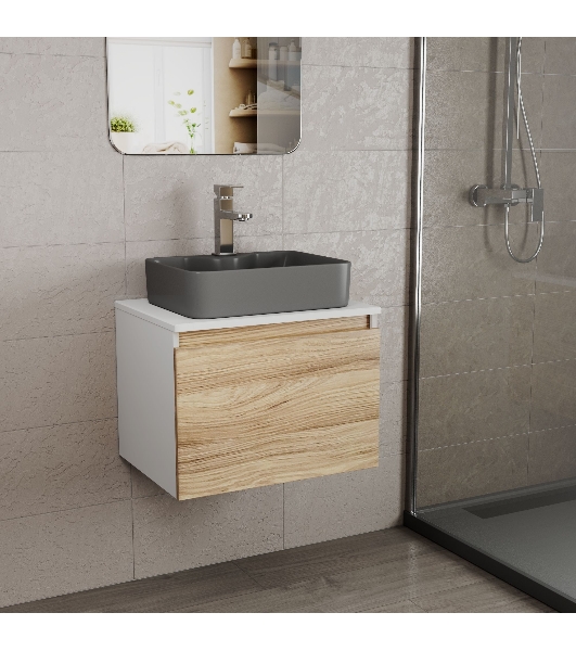 Комплект: тумба Bau Dream Blackwood 60, 1 ящик, раковина BAU Cerama 48х37, темно-серая, смеситель Hotel Stil, нерж сталь