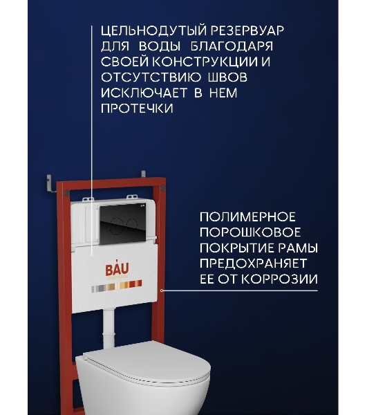Комплект BAU 6 в 1: инсталляция BAU PRO для подвесного унитаза, унитаз подвесной безободковый торнадо обратного потока Bau Dream 52х36 Hurricane-5, сиденье быстросъемное микролифт, кнопка смыва из стекла BAU Dream дизайнерская, черная