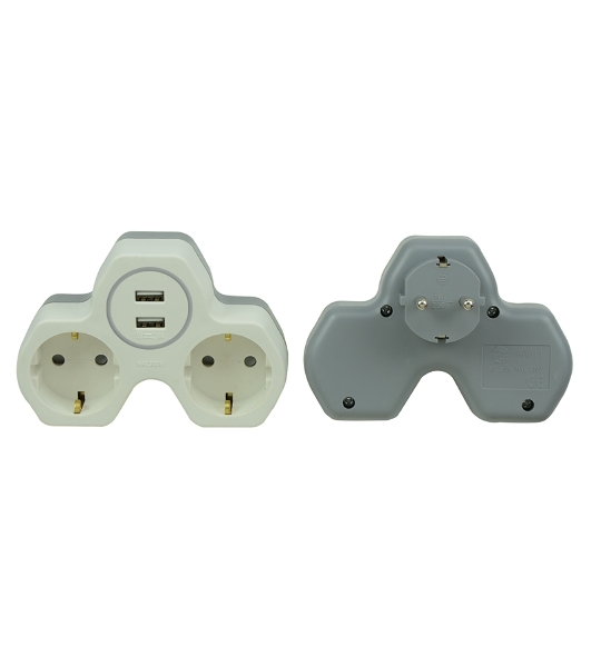 Двойник электрический Rexant 16 А с заземлением и защитными шторками + 2 USB порта, 2,4 А, белый