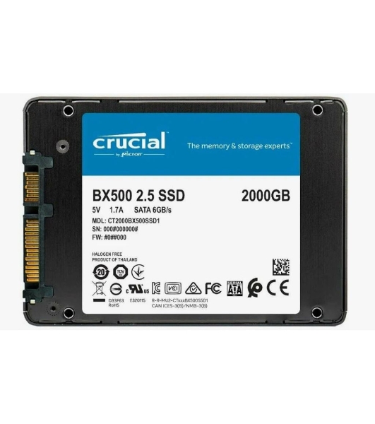 Накопитель SSD Crucial BX500, 2Tb, SATA III, 2.5', R/W 540/500